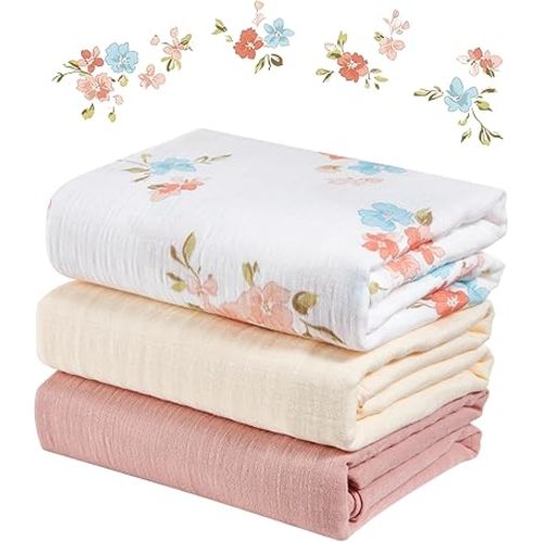 Muslin Swaddle Blankets (3-Pack) — 100% Cotton, Large 47 x 47 in, Soft Breathable Baby Receiving Blanket & Burp Cloths for Newborns & Toddlers (Pink Floral Garden)
