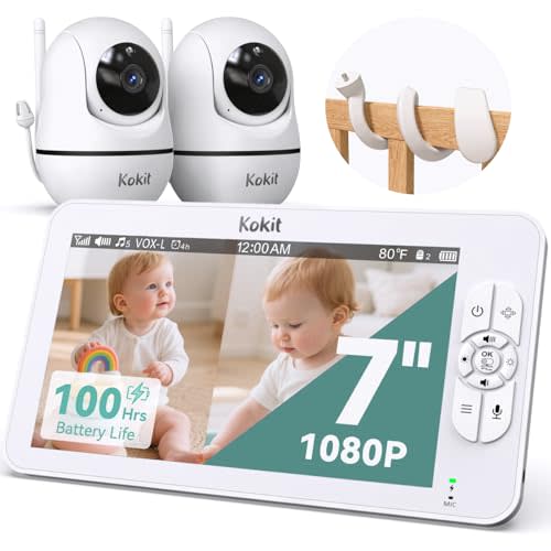 7" 1080P Full HD Split-Screen Baby Monitor,100 Hrs 5000mAh Battery Runs 4 Days with Flexible Bracket,No WiFi Baby Monitor with 2 FHD Cameras Hack-Proof,4X Zoom,2-Way Talk,Temp Alert/Lullabies/VOX