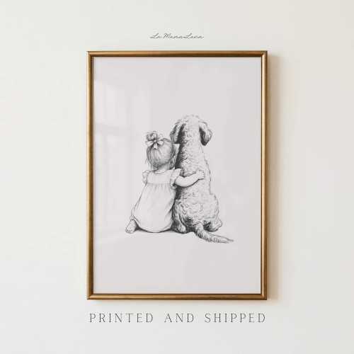 Girl & Dog Nursery Wall Art, Little Girl and Puppy Print, Neutral Nursery Decor, Dog Lover Nursery Art, Baby Girl Bedroom Decor