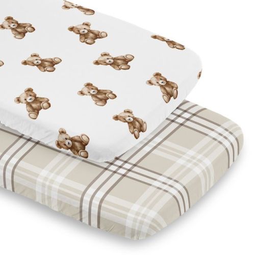 Sweet Jojo Designs Boy, Girl, Unisex/Gender Neutral Baby Bassinet Fitted Sheets Set Boho Teddy Bear Brown and Taupe 2pc
