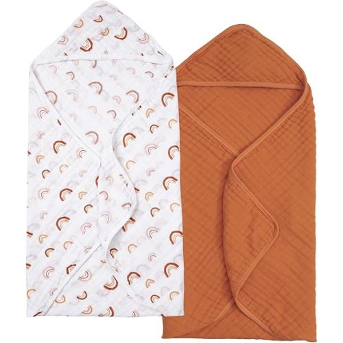 PHF 2 Pack Baby Hooded Towels, 100% Muslin Cotton Baby Bath Towel with Hood for Newborn, Infant, Toddler, Ultra Soft and Absorbent Baby Essentials Bath Towels for Boys Girls, 32x32Inch, Rainbow