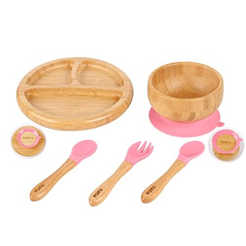 TATA AMG® Bamboo Suction Plate & Bowl with Fork and 2 Spoons | Divided Wooden Feeding Dish for Toddlers | BPA-Free Baby Led Weaning (BLW) Utensil Set