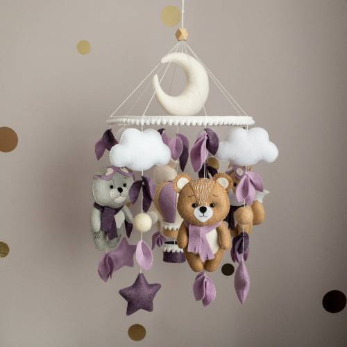 Neutral Baby Mobile for Crib Animals Mobile Purple Baby Mobile Nursery Mobile Purple Nursery decor Bear Cat Fox Mobile Baby Gift