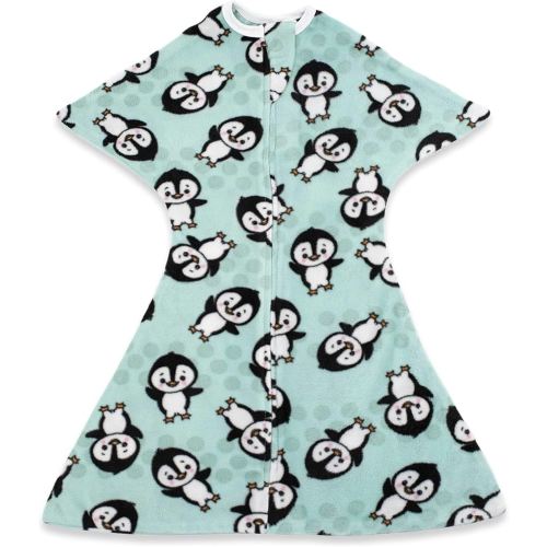 SleepingBaby Zipadee-Zip Transition Swaddle - Warm Fleece Baby Swaddle Blanket with Zipper Convenience - Perfect Penguin, Small (4-8 Month)