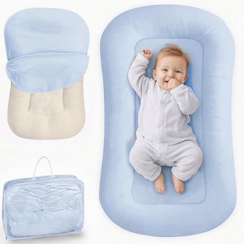 azopesy Infant Support Cushion - Baby Lounger for Newborn, 0-24 Months, Breathable Cotton Fabric Infant Support Cushion, Portable Newborn Essentials for Home and Travel, ZumaBlue (Cover Included)