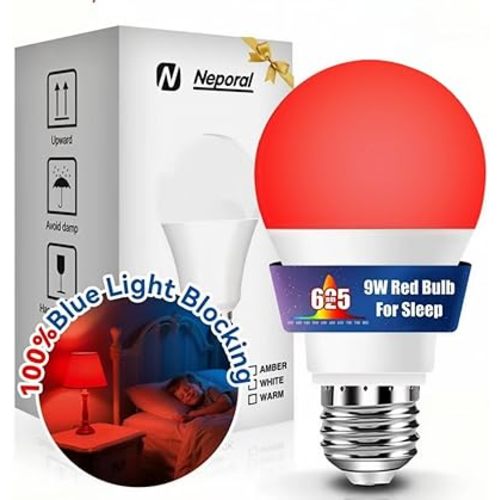 Neporal 625nm Red Light Bulb for Sleep, 100% Blue Light Blocking Bulb for Melatonin Promote, A19 LED 9W 60W Red Night Bulb for Baby Nursery, Sleep, Read, Bedroom 1PK (White When Off, Red When on)