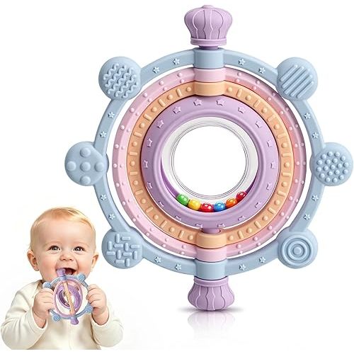 Baby Teething Ring Toys 3-6 6-12 Months, Silicone Sensory Rattle Teether Toys for Teething Relief, Baby Newborn Essentials Chew Toys for Sucking Needs, Infant Shower Gifts & Baby Toys