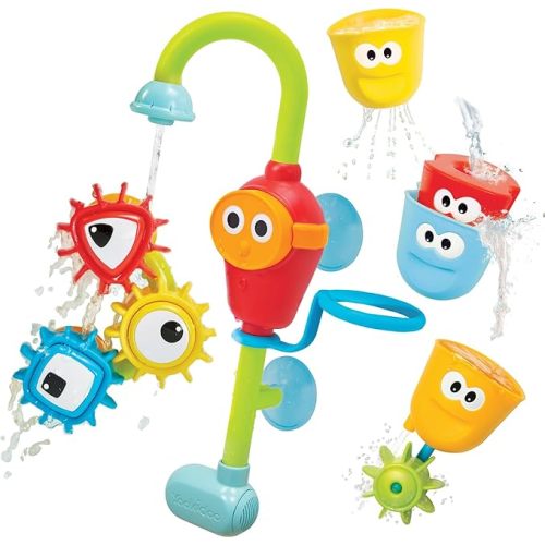 Yookidoo Bay Bath Toddler Toys (Ages 1-3) - 3 Stackable Cups, Spinning Gears, Hose & Spout for Water Play - Mold Free - Suction Cups Attach to Any Bath Tub or Shower - Spin N Sort Spout Pro