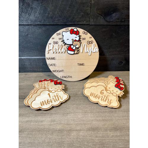 Birth Announcement Sign, Baby Name Sign, Baby Keepsake, Newborn Name Sign for Hospital, Hello Kitty Name Sign, Baby Monthly Milestone Cards