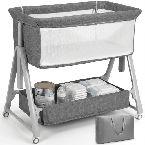 Cowiewie Baby Bassinet Bedside Portable Bassinet with Wheels & Storage Travel Bag, for 0-6 Months, Gray