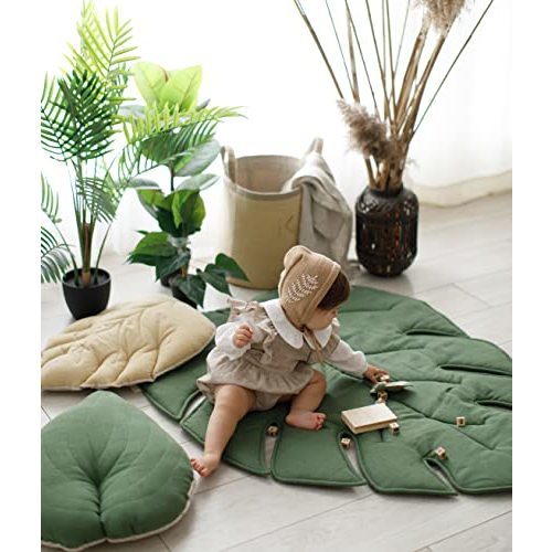 100% Linen Organic Play Mat Leaf Baby Padded Rug Monstera Tropic Nursery Floor Toddler Kids Playmat for Crawling Rug Activity Playing Gym Cushioned Quilted Baby Mat Natural (Green Mat)