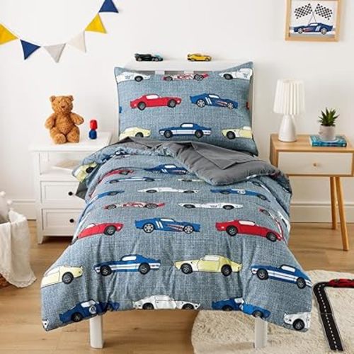 Wake In Cloud - Race Car Toddler Bedding Set for Boys, Cute Colorful Sports Car Supercar Wheels, 4 Pieces Soft Crib Bed Set Including Comforter, Sheets and Pillowcase, Gray