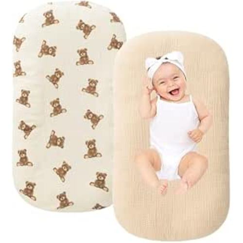 Organic Cotton Muslin Baby Lounger Covers, 2 Pack, Soft Removable Slipcovers for Newborn Infant Lounger, for Girls Boys, Coffee Checkered (Teddey Bears & Kakhi)