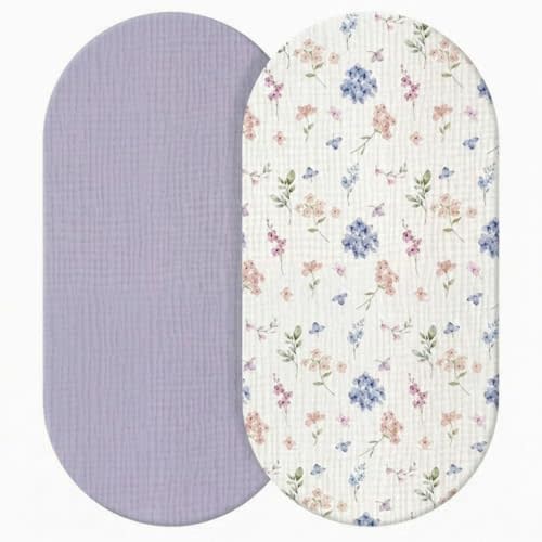 Breling 2 Pcs Muslin Purple Floral Baby Bassinet Sheets, 32'' X 16'' | for Girl Boy Cradle Bed Cover, Soft Breathable 100% Cotton, Oval Hourglass Infant Nursery Toddler Room Decor, Washable