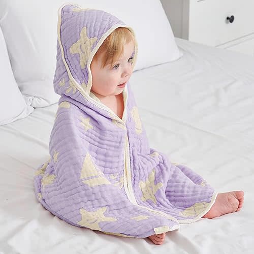 Ultra-Soft Muslin Baby Hooded Towel - 32 x 32 Inches, Crafted from Bamboo Viscose, Ideal for Bath & Beach, Suitable for Both Boys & Girls from Newborns to Toddlers