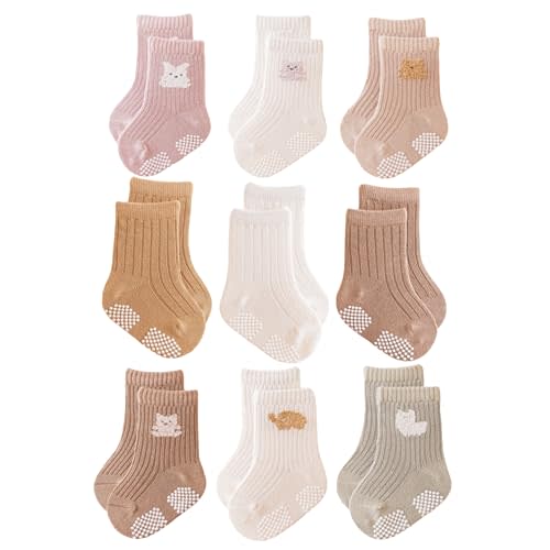J Poqobog Baby Crew Socks,Grips Combed Cotton Socks Toddler Non-Skid for Girls,Boys Non Slip/Anti Skid 9-Pack