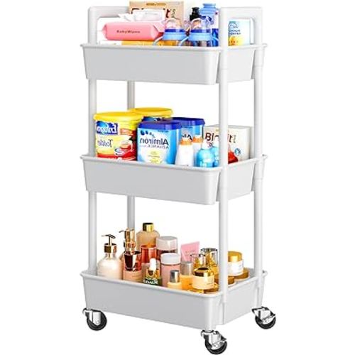 Pipishell 3 Tier Rolling Cart Organizer, Plastic Rolling Cart with Lockable Wheels & Reinforced Handle, Lightweight Utility Cart Storage Cart for Nursery, Kitchen, Bathroom, Craft Room, White, PIUC14W