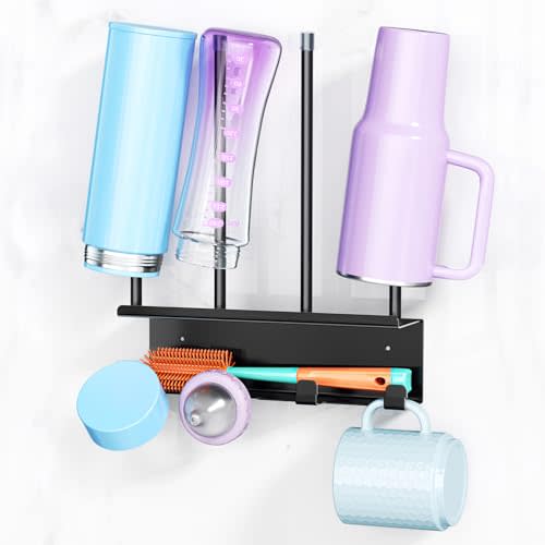 Wall Mounted Water Bottle Drying Rack, Baby Bottle Dryer Rack, Metal Cup Rack Dryer Stand, Mug Holder with Storage Rack, Mug Hooks for Bottle Cap, Bottle Drying Rack for Cups, Plastic Bags (Black)