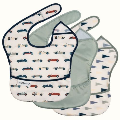 Tiny Twinkle Mess-Proof/Waterproof Baby Food Bib for Boys/Girls, Machine Washable and BPA-Free w/Adjustable Closure (3pk-Vintage Cars, Varsity Flags)