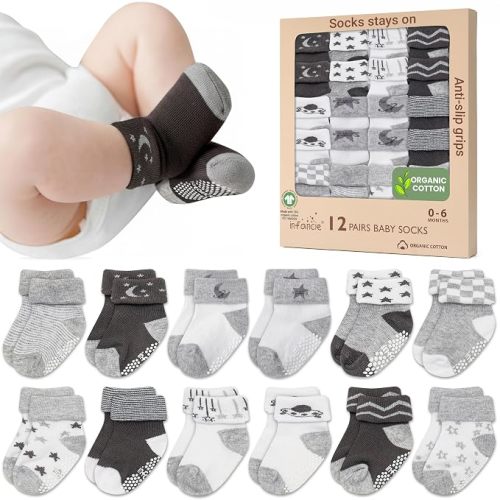 infancie Orgain Cotton GOTS Certified Baby Socks 12 Pairs for Newborn Girls 0-6 Months, Soft Breathable Infant Socks, Cute Little Girls Socks, Baby Registry Essential