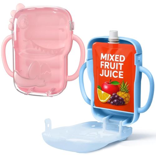 2 Pack Pouch Holder No Squeeze for Baby Food Drink Boxes, Cute Dinosaur Design, Adjustable Juice Box Holder for Toddlers to Self-Feed, Easy to Grip, Squeeze Pouch Holder for Apple Sauce Yogurt