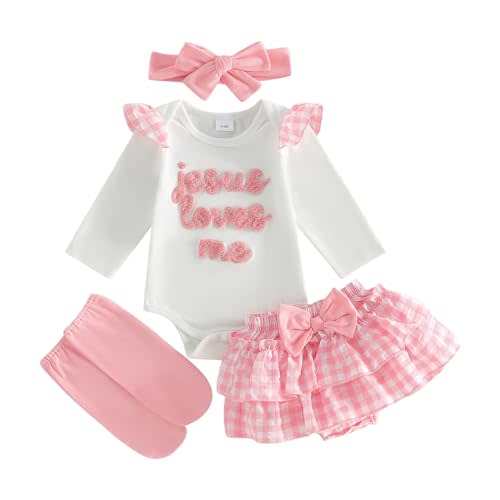 Baby Girl Football Outfit Rugby Print Romper Skort Stockings Headband 4Pcs | Newborn Baby Girl Football Outfit Fall Rugby Print Ruffle Sleeve Romper Plaid Shorts Leg Warmers Headband 4Pcs Clothing Set