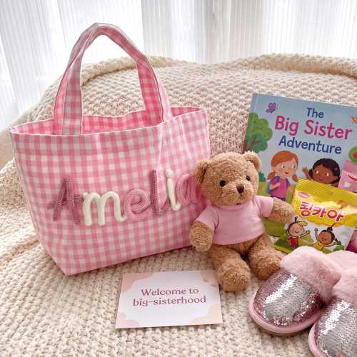 Personalized Big Sister Gingham Tote Bag with Name, Small Gift Bag