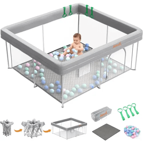 Foldable Baby Playpen, 50 x 50 Inch Portable Play Yard for Babies & Toddlers, Safety Play Fence with Mat, Balls, Pull Rings & Travel Bag for Indoor & Outdoor Use, Grey