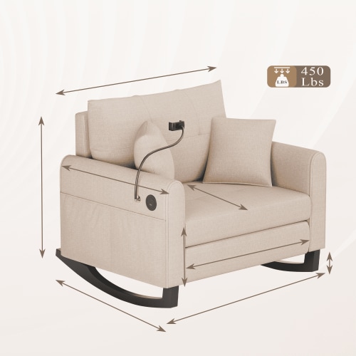 Upholstered Nursery Rocking Chair with Adjustable Phone Handle, High Back and Side Pocket USB Port, Double Wide Rocker Glider Chairs with Wood Legs for Living Room, Bedroom, Nursery, Beige