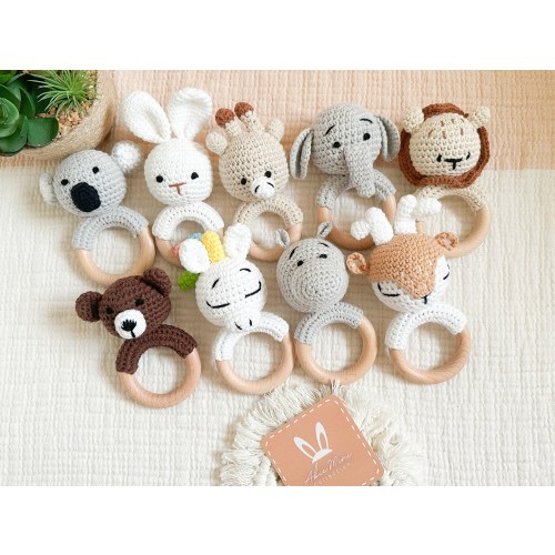 Baby Cotton Crochet Animals Rattle Natural Wood Teether, Photo Prop, Unique Newborn Announcement Gift, Handmade Stuffed Doll, Bunny