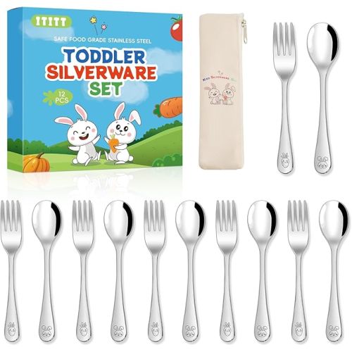 12 Pieces Stainless Steel Toddler Utensils Set - Food Grade Kids Silverware Set Children Safe Small Forks and Spoons Mirror Polished Sturdy and Durable Dishwasher Safe