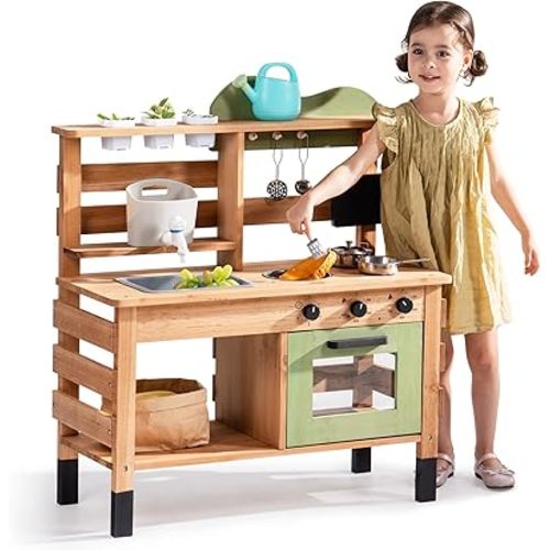 ROBOTIME Mud Kitchen, Outdoor Play Kitchen for Kids – Wooden Mud Kitchen Pretend Playset with Removable Sink & Chalkboard, Cooking Accessories, Gift for Boys Girls Ages 3+