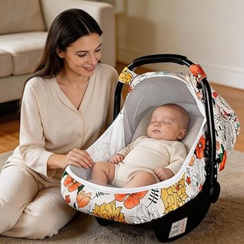 Pea Pod Car Seat Covers for Babies - Breathable Mesh Canopy with Kick-Proof, Soft Stretchy Protection - Newborn Stroller Carrier Covers for Girls - Retro Floral