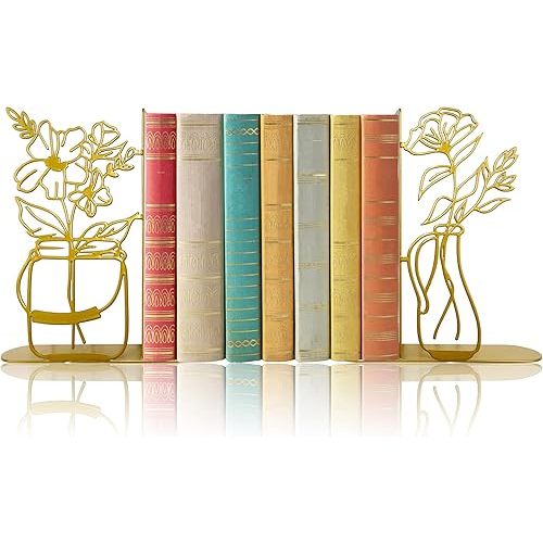 Metal Flower Vase Book Ends, Cute Book Ends for Office Home Decor Decorative Book Ends for Shelves, Ideal Gift for Book Lovers(Gold)