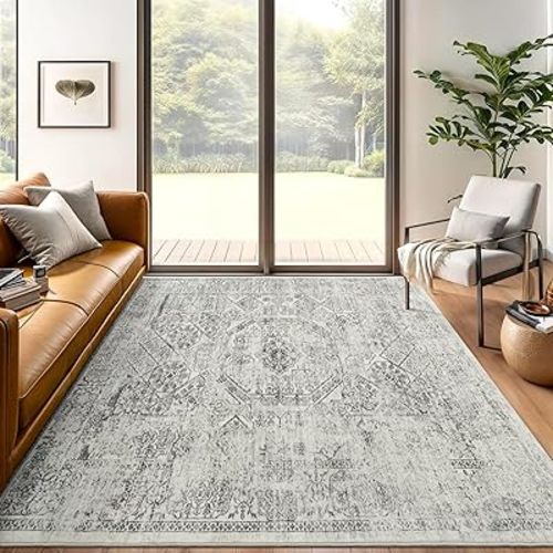 6x9 Area Rug for Living Room Floral Washable Non-Slip Gray Rugs for Bedroom Dinning Room Ultra-Thin Indoor Grey Rug