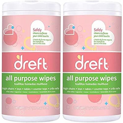 Dreft Multi-Surface All-Purpose Gentle Cleaning Wipes for Baby Toys, Car Seat, High Chair & More, 70 Count, Pack of 2