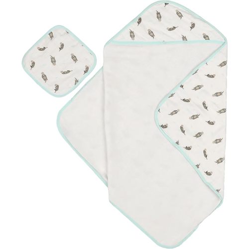 Bamboo Viscose Baby Hooded Towel & Washcloth Set for Babies and Toddlers, Soft & Absorbent, 70% Viscose from Bamboo, 30% Cotton Muslin - Imported (Otter)