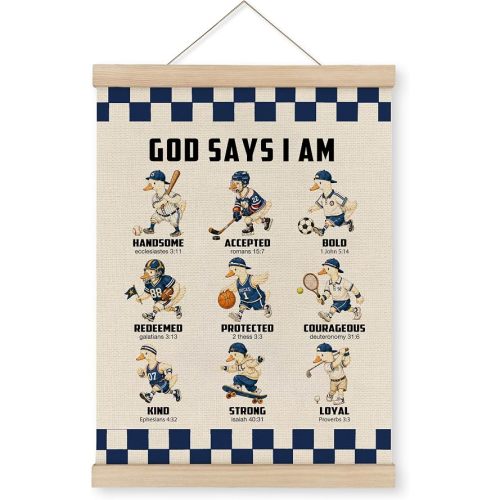 MAQIKA Inspirational Christian Goose Poster Framed with Wood Hanger, Sports Nursery Hanging Wall Decor, God Says I Am Bible Verses Canvas Wall Art Paints for Boys Room Bedroom Playroom, 12x16 Inch