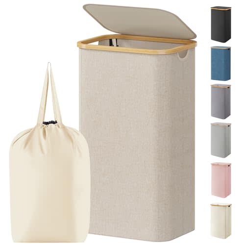 Lifewit 105L Laundry Basket with Lid, Clothes Hampers for Laundry with Bamboo Handles and 1 Removable Bag, Large Foldable Laundry Hamper for Bedroom, Bathroom, Dorm, Laundry Room, Beige | Foldable Laundry Hamper with Bamboo Handles, Tall Laundry Bin, D...