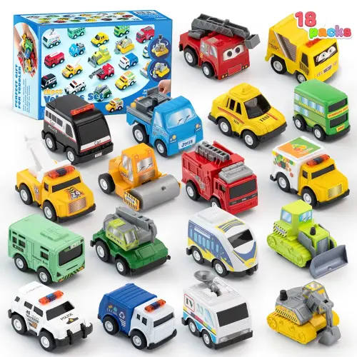 Joyfy 18 pcs Friction Pull Back Play Cars & Trucks Set for Toddler 2-6