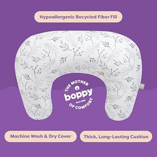 Boppy Nursing Pillow - Firm, Ergonomic U-Shaped Bottle and Breastfeeding Pillow with High Lift for Comfort and Support, Spacious Surface - Gray Gentle Leaves