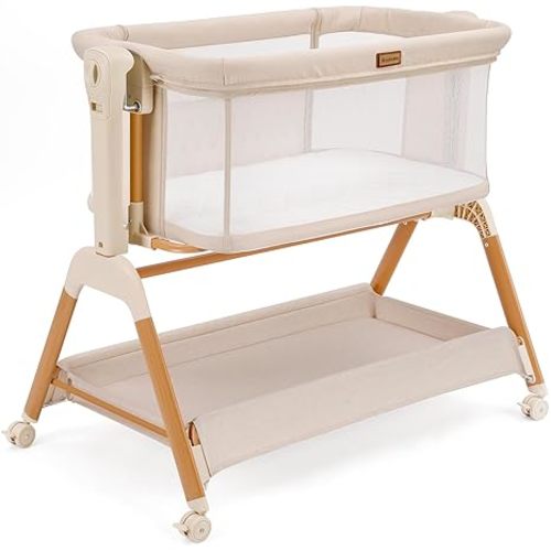 Ezebaby Baby Bassinet Bedside Sleeper: 3-in-1 Rocking Bassinet for Baby - Breathable Full-Mesh Crib with Mattress | 6 Height Adjustable | Portable Crib with Lockable Wheels for Newborns
