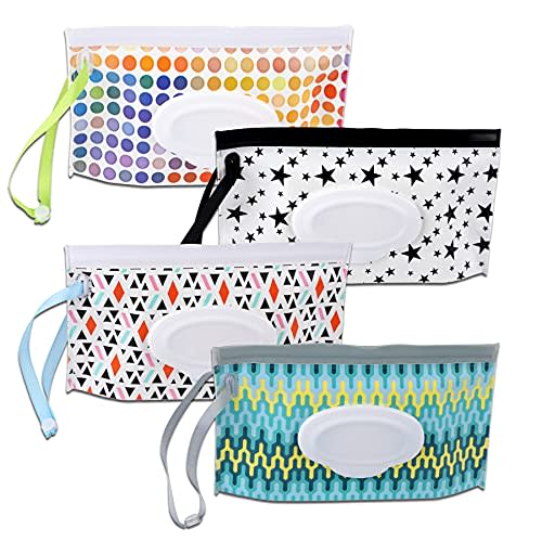 FEBSNOW 4 Pack Baby Wipe Dispenser, Portable Wet Wipe Holder Container, Reusable Wipes Dispenser Cases, Lightweight Travel Wet Wipe Pouch