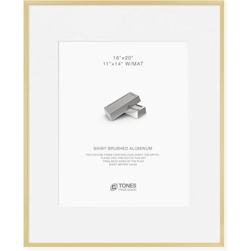 16x20 Frames Shiny Brushed Aluminum, 16 x 20 Picture Frame Gold Metal Photo Frame Mat to 11x14 Poster Frames for Art Gallery Wall Tabletop Decor