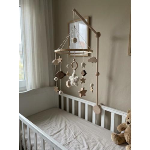 Neutral Wooden Baby Mobile, Moon Stars Clouds, Montessori Crib Decor