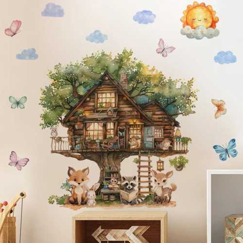 Animals reading in the fairytale tree house Wall Sticker Vinyl Baby Nursery Art Decals for Kids Room Home Decor, Style D
