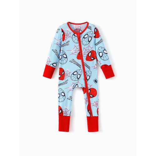 Marvel Bamboo Baby Boy/Girl Spider-Man 2-Way Zip Onesies Anti Slip Long-sleeve Footie Blue
