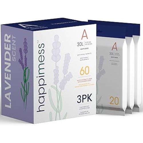 happimess HPM3101A-WHITE 8-Gallon Lavender Scented Drawstring Trash Can Liner, White (60-Count, 3-Packs of 20 Liners)