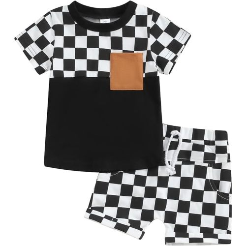 Baby Boy Girl Summer Outfits Checkerboard Short Sleeve T-Shirt Elastic Waist Shorts Set Toddler Checkered Outfit