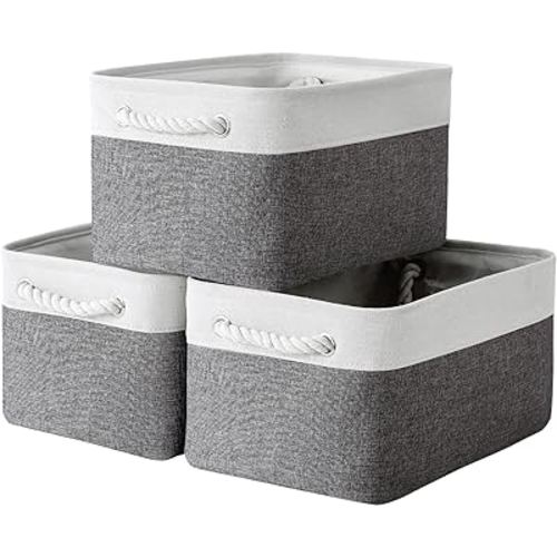 TheWarmHome Storage Basket for Organizing - 15.7x11.8x8.2 inch Large 3 Pack Collapsible Storage Bins for Shelves, Fabric Storage Cubes for Gift Closet Linen Organization (White & Grey)